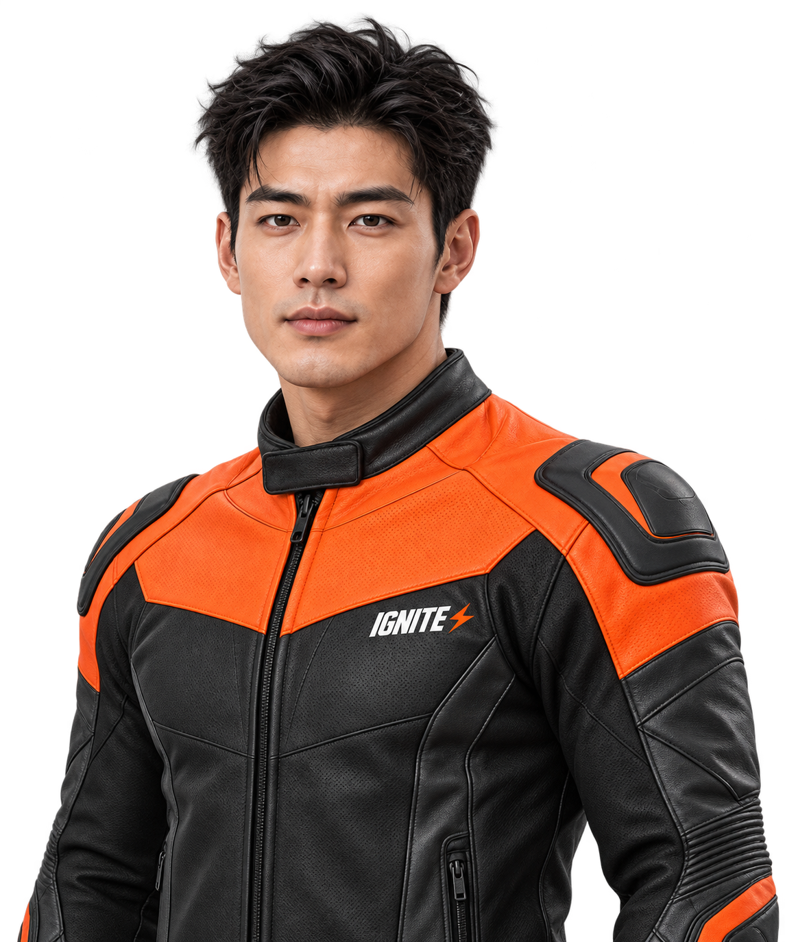 검정·주황 IGNITE 재킷을 입고 몸을 살짝 돌려 정면을 바라보는 라이더 02