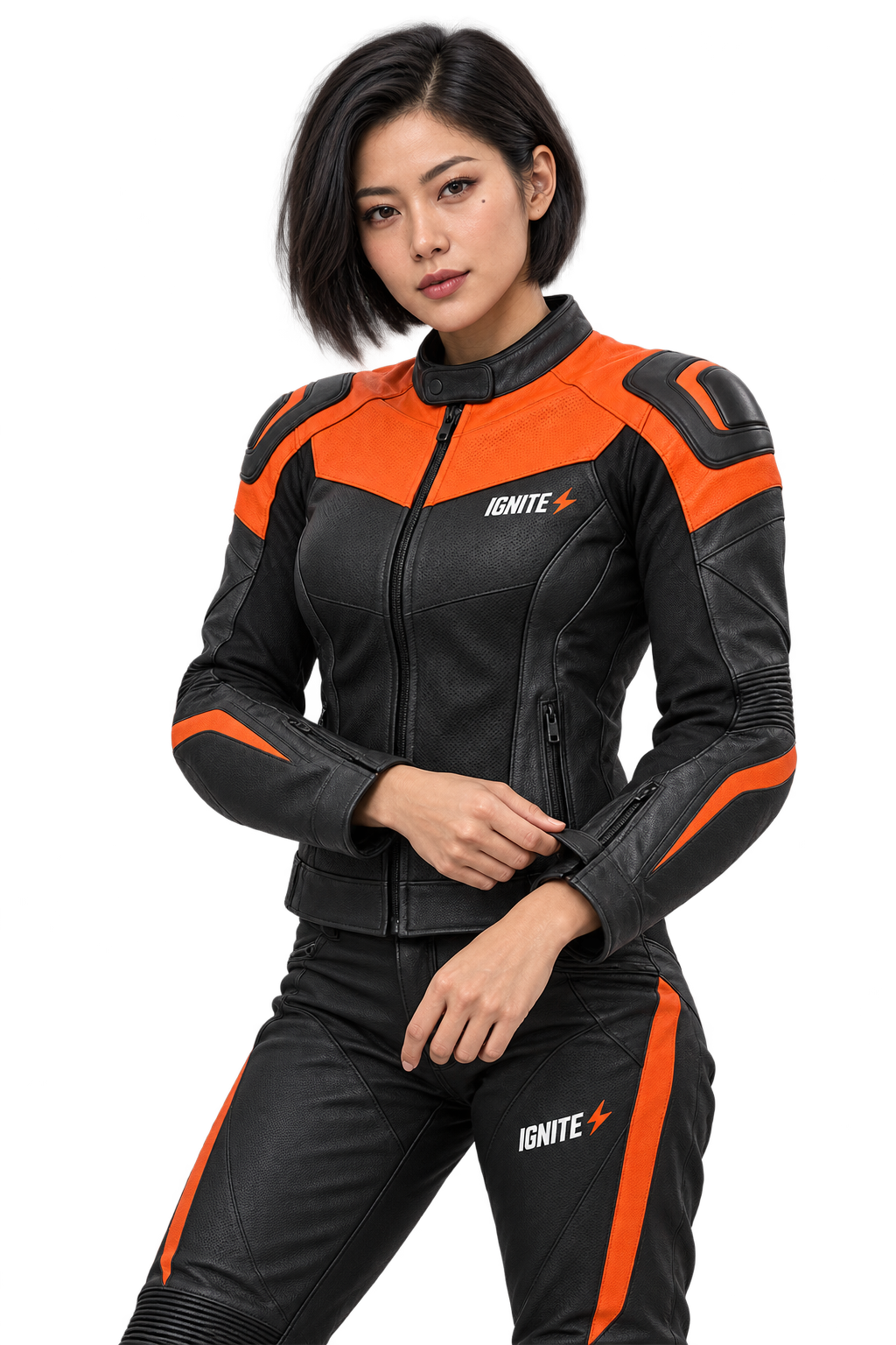 검정·주황 IGNITE 라이딩 웨어를 입고 소매를 정리하는 단발머리 라이더 01