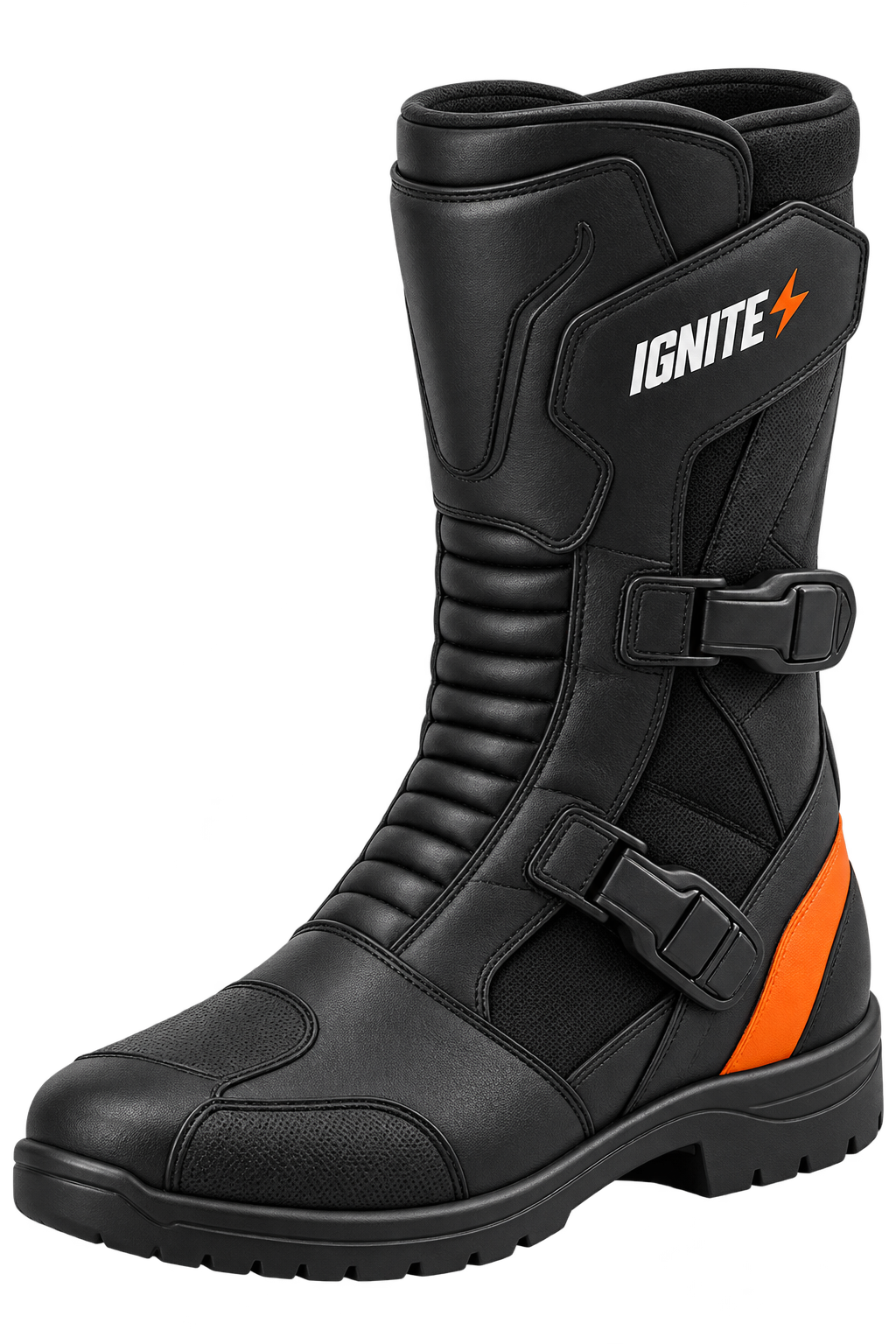 측면의 두 스트랩과 주황색 뒤꿈치가 보이는 IGNITE 부츠